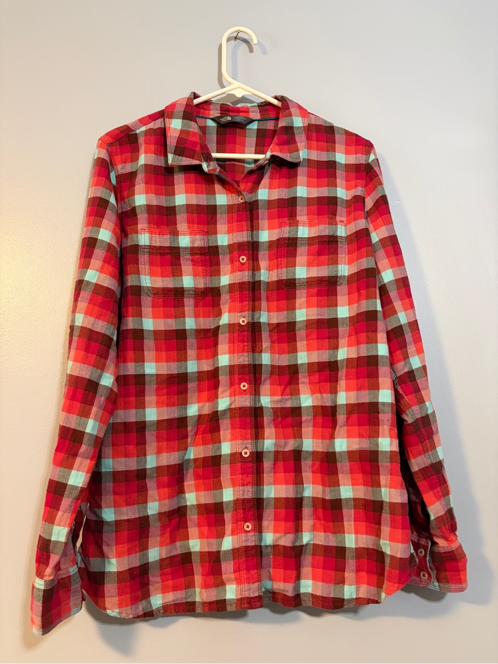 The North Face Red and Teal Plaid Button-Up Shirt